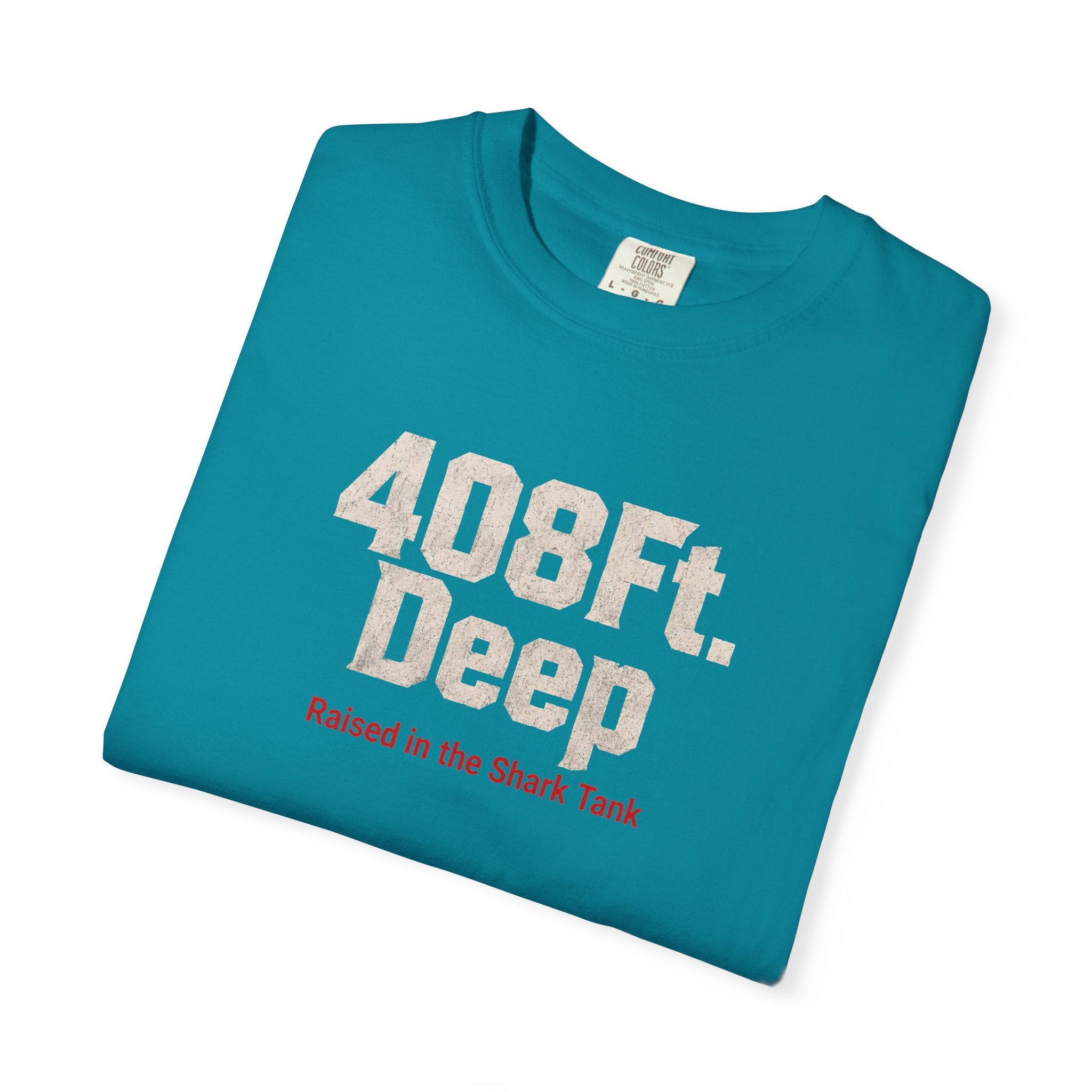 (Teal) 408 Ft. Deep Shark Tank T-Shirt — Raised in the Shark Tank Graphic Tee