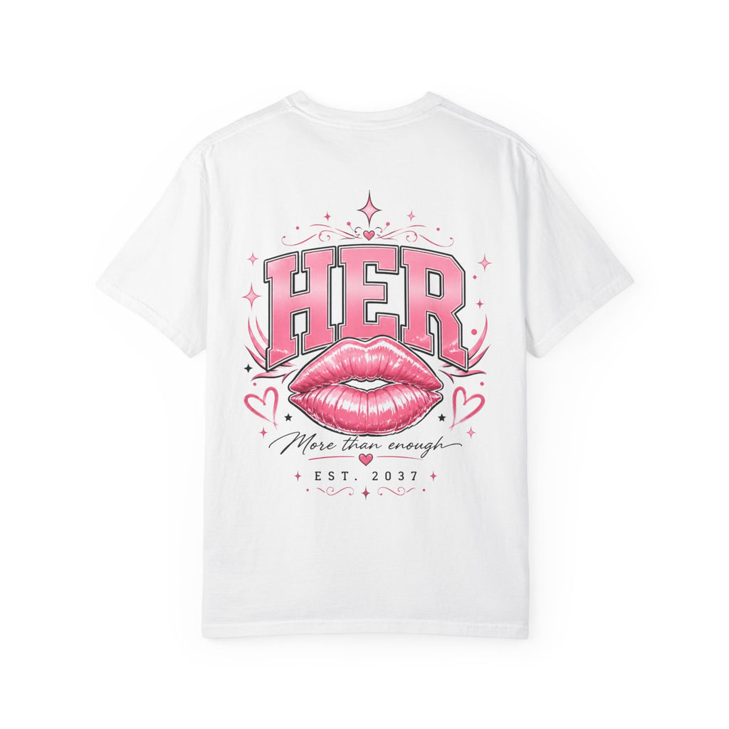 (White) HER Graphic T-Shirt — Pink Lip Art Vintage Logo Tee