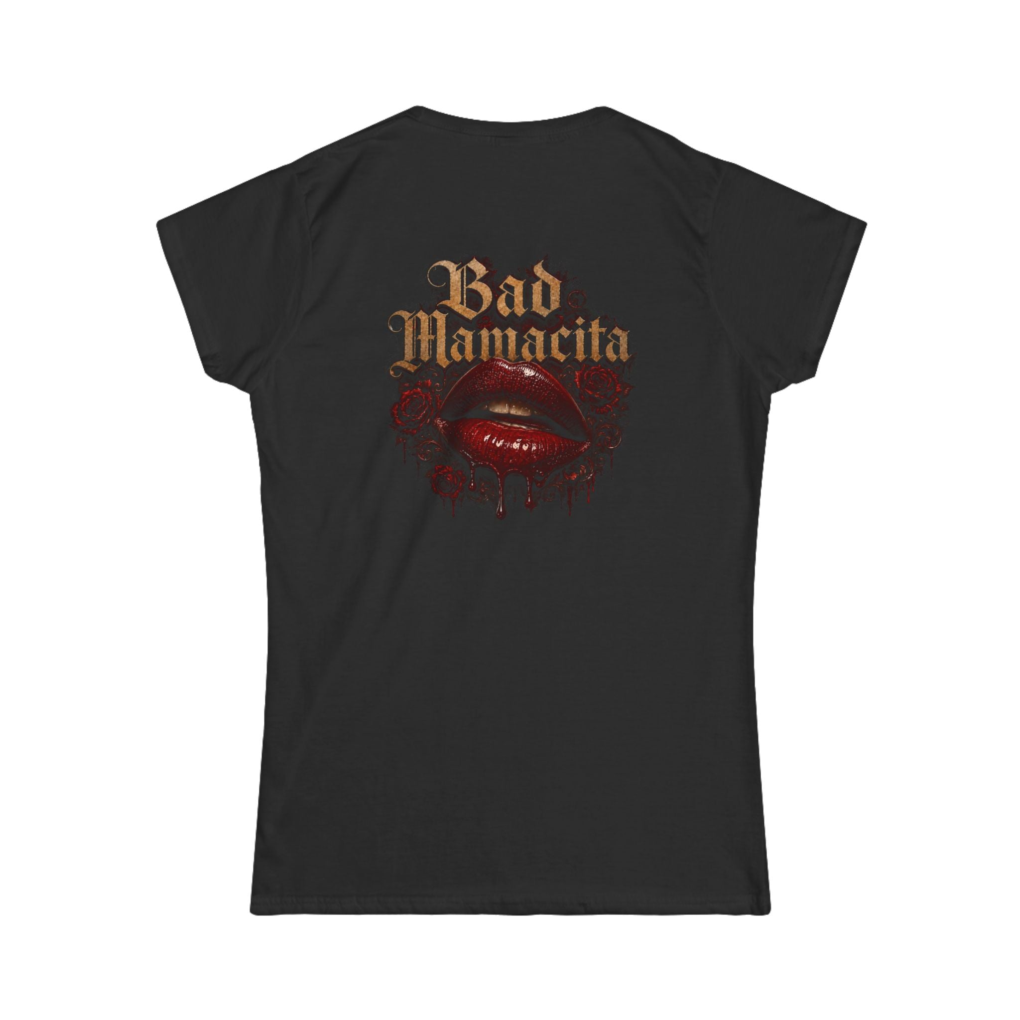 (Black) Women's Tee — "Bad Mamacita" Gothic Script & Red Lips Graphic
