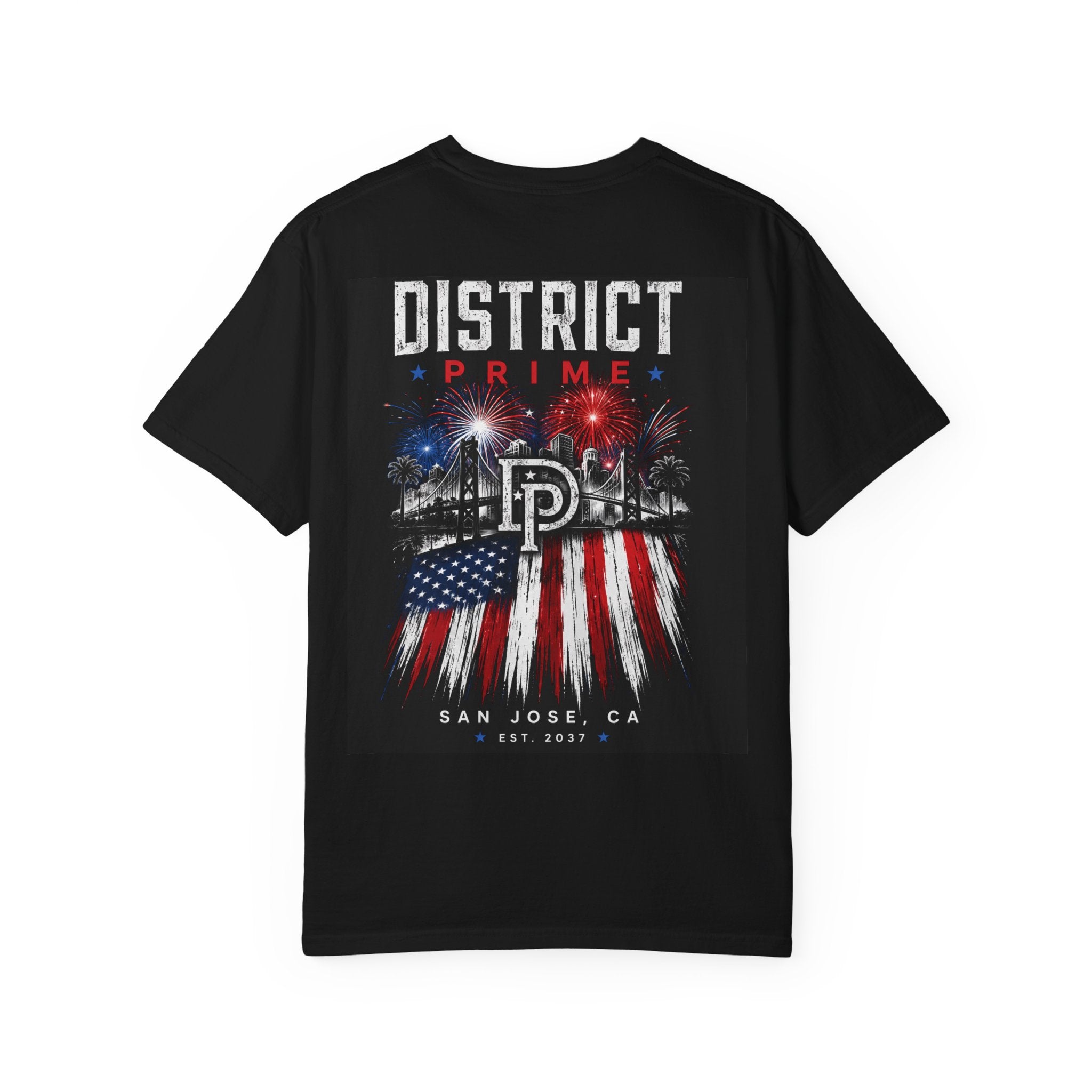 Black District Prime San Jose T-Shirt — American Flag Palm Tree Graphic Tee