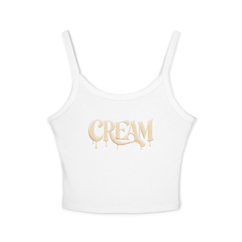 (White) Cream Drip Graphic Tank Top — Women's Spaghetti-Strap Crop