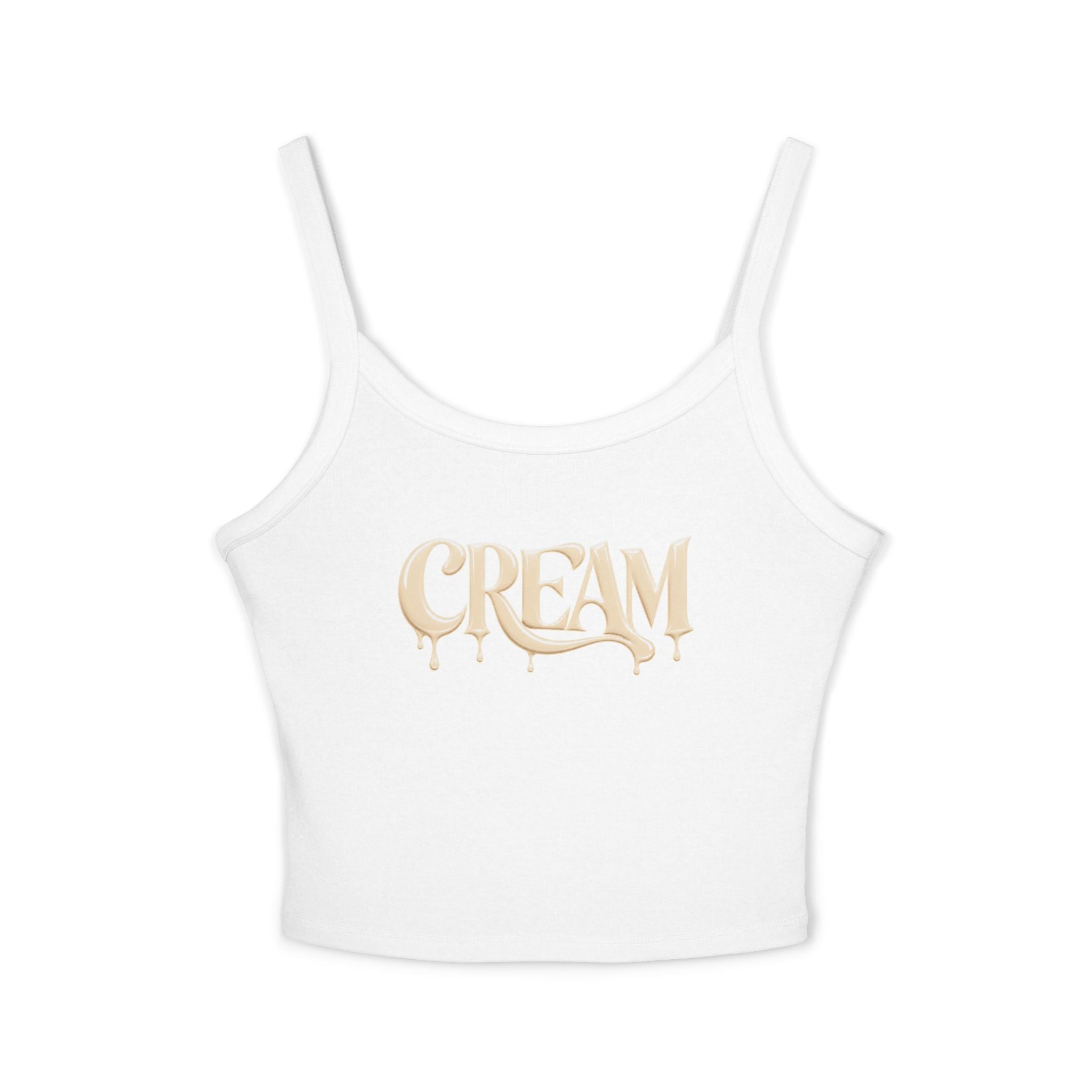 (White) Cream Drip Graphic Tank Top — Women's Spaghetti-Strap Crop