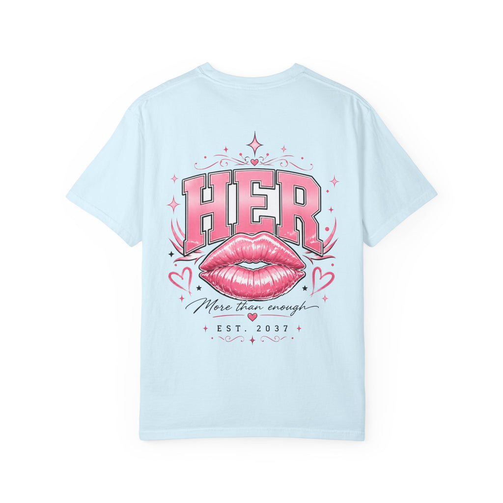 (Sky Blue) HER Graphic T-Shirt — Pink Lip Art Vintage Logo Tee
