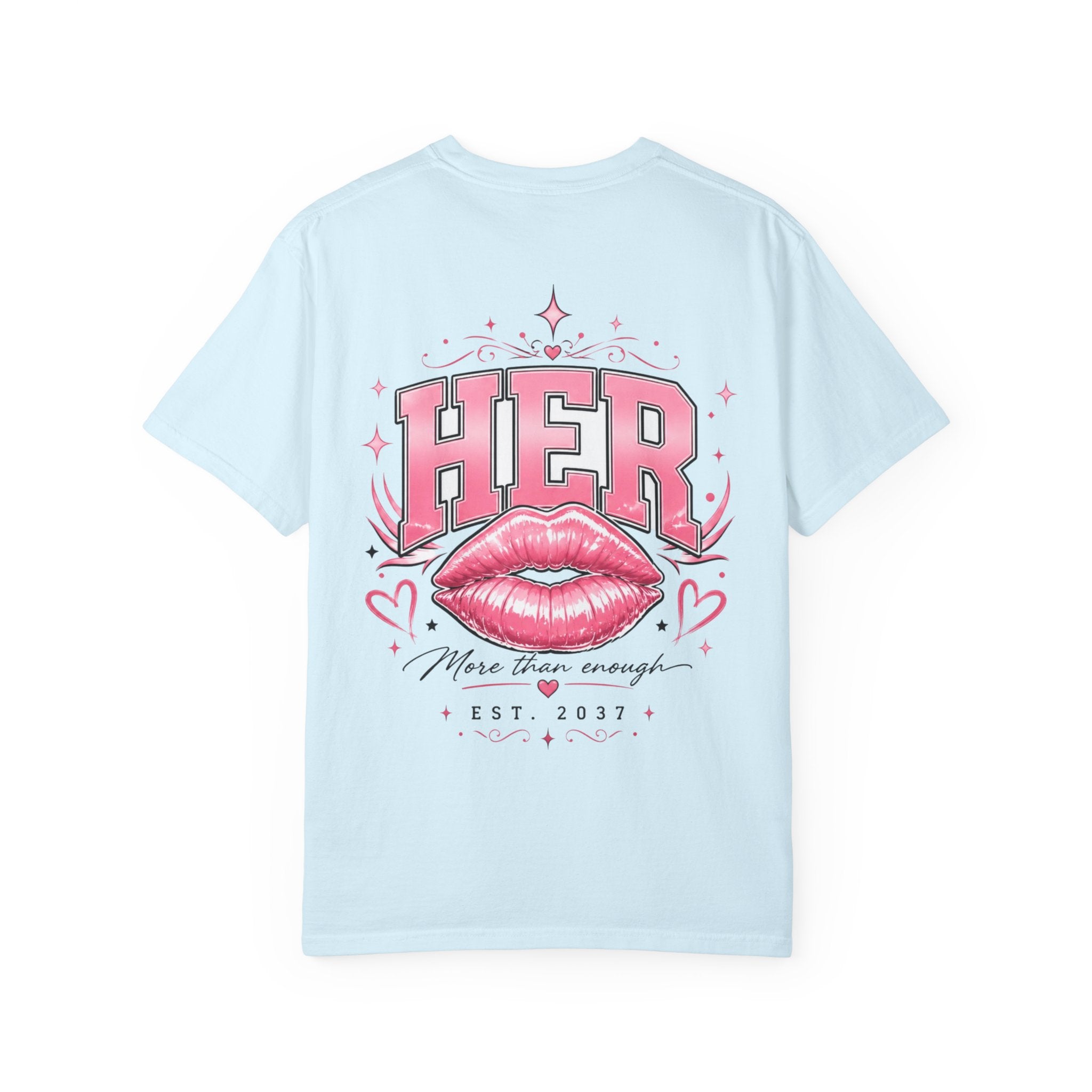 (Sky Blue) HER Graphic T-Shirt — Pink Lip Art Vintage Logo Tee