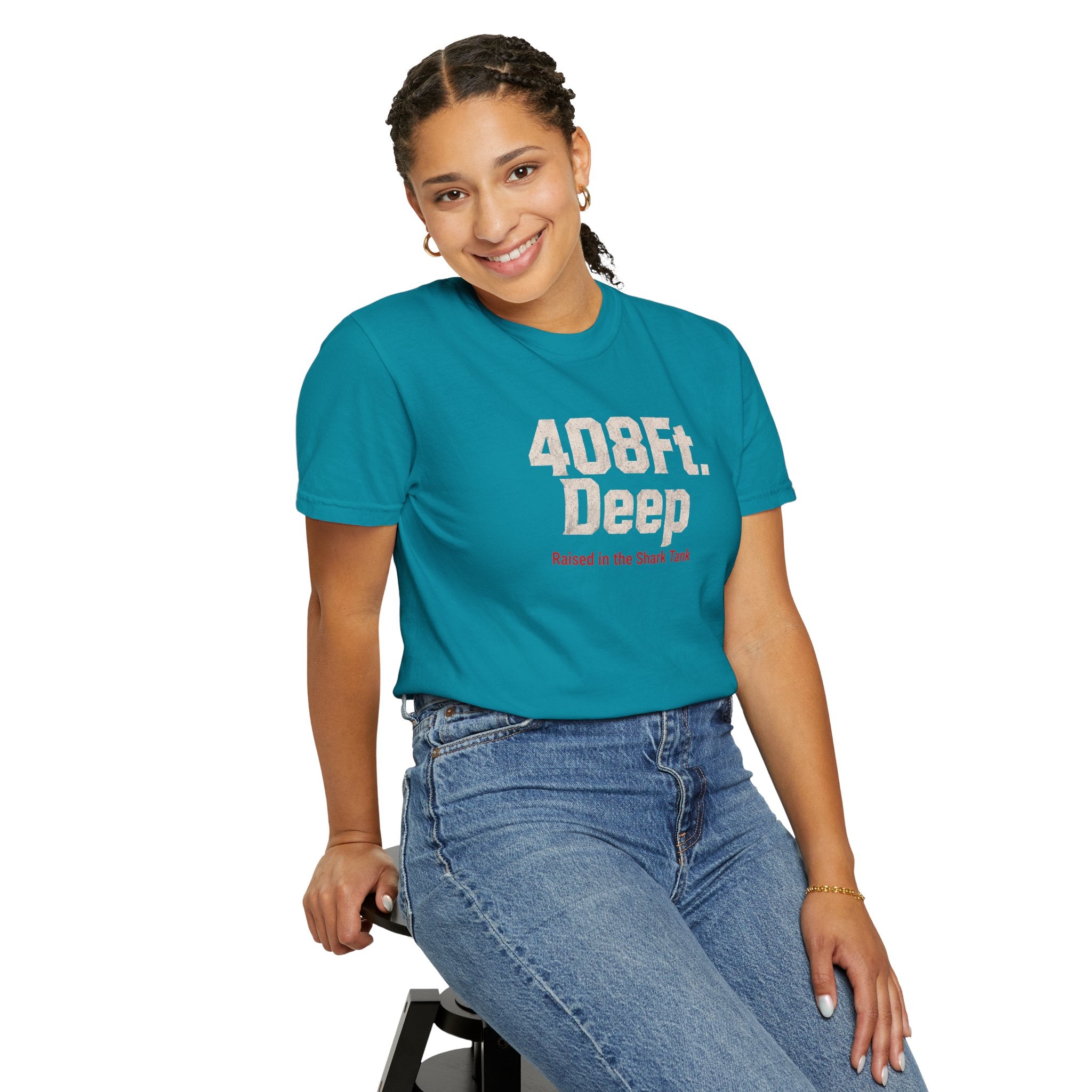 (Teal) 408 Ft. Deep Shark Tank T-Shirt — Raised in the Shark Tank Graphic Tee