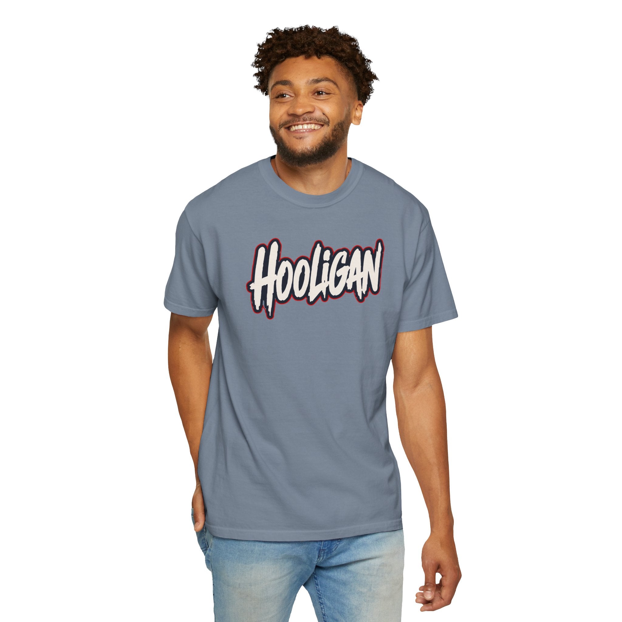 Jean Blue Hooligan Graphic T-Shirt — Retro Street Art Astronaut Design