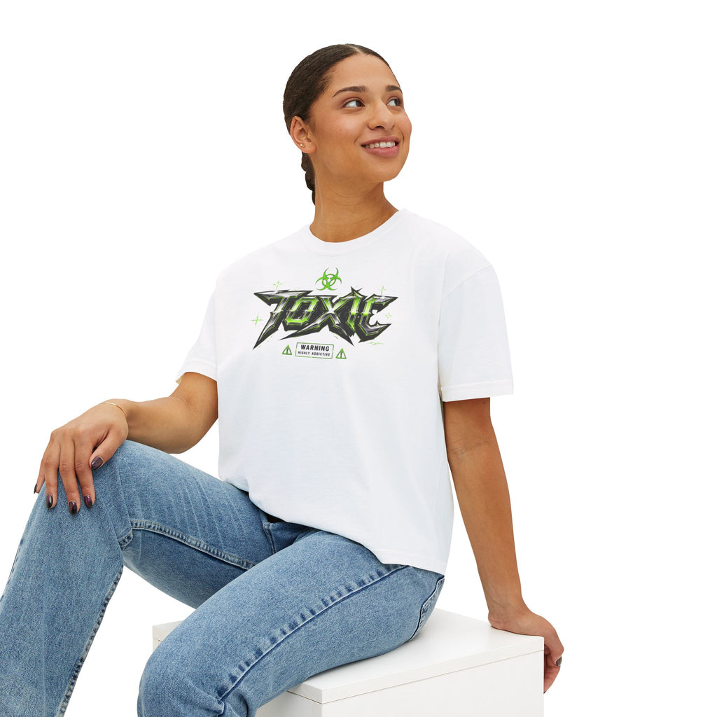 White Toxic Graphic Tee — 'Pretty But Poisonous' Green Biohazard Boxy Top