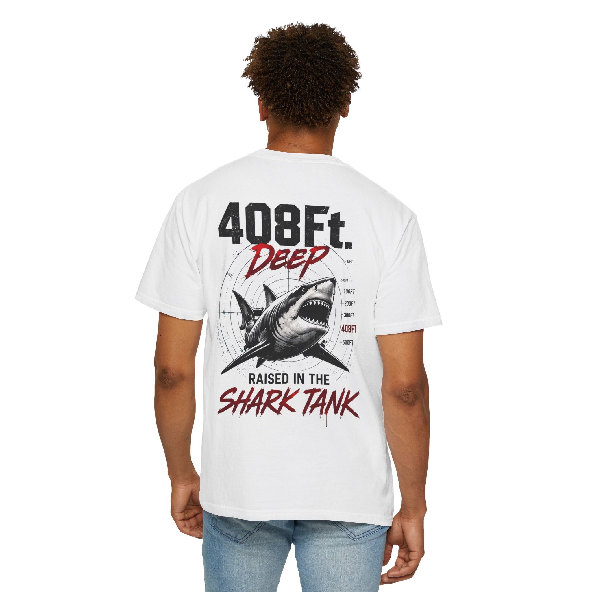 (White) 408 Ft. Deep Shark Tank T-Shirt — Raised in the Shark Tank Graphic Tee