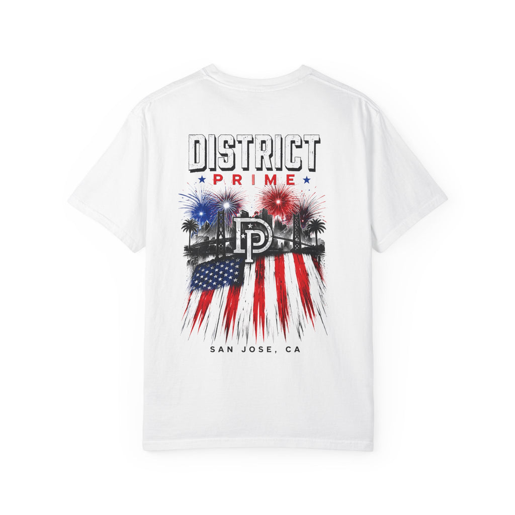 White District Prime San Jose T-Shirt — American Flag Palm Tree Graphic Tee