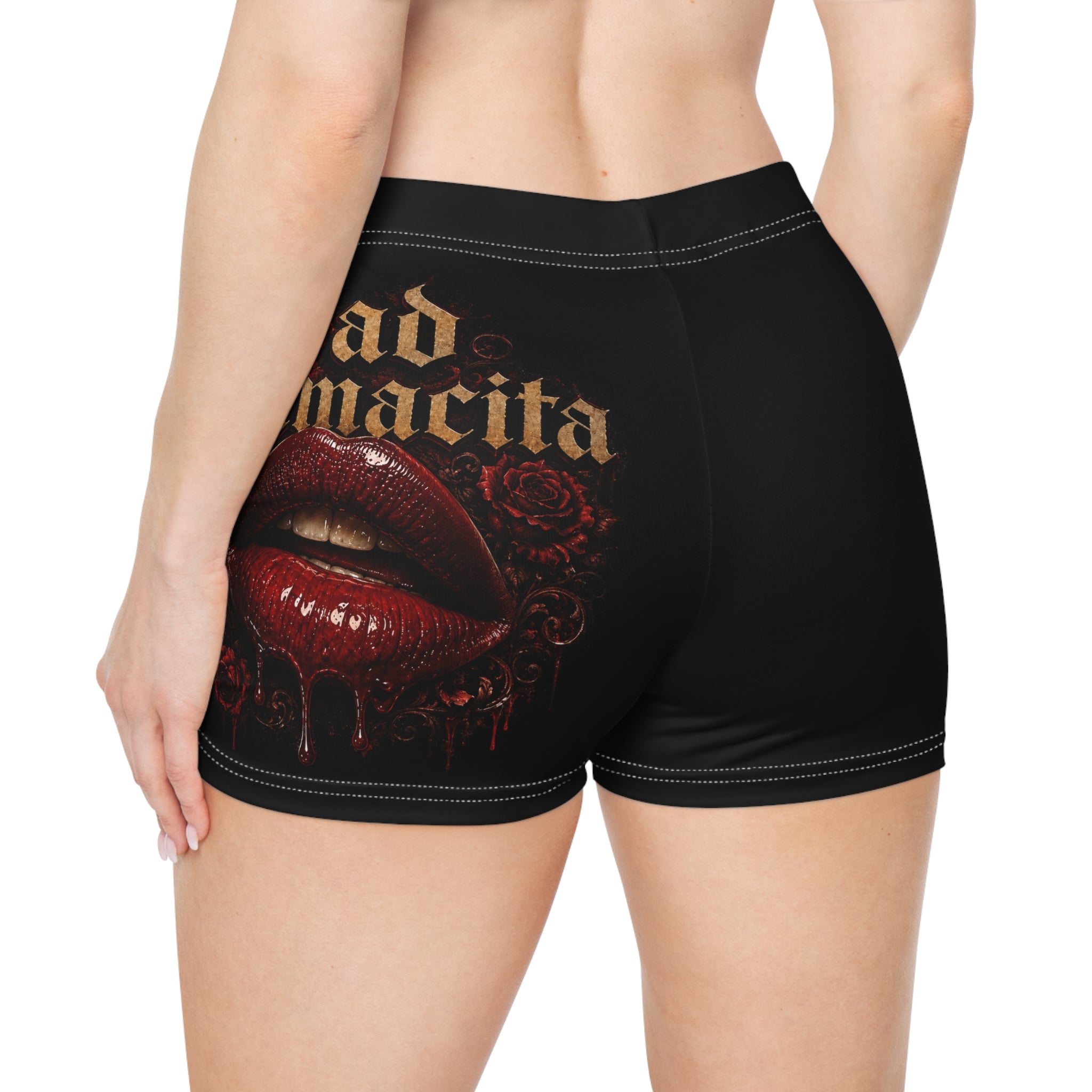 (Black) Bad Mamacita Women's Shorts — Gothic Rose Lip Graphic All-Over Print
