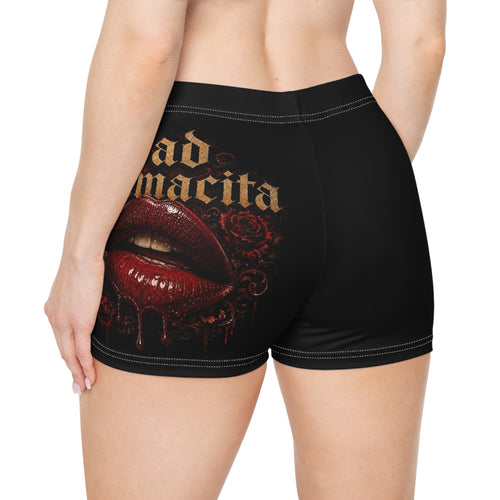 (Black) Bad Mamacita Women's Shorts — Gothic Rose Lip Graphic All-Over Print