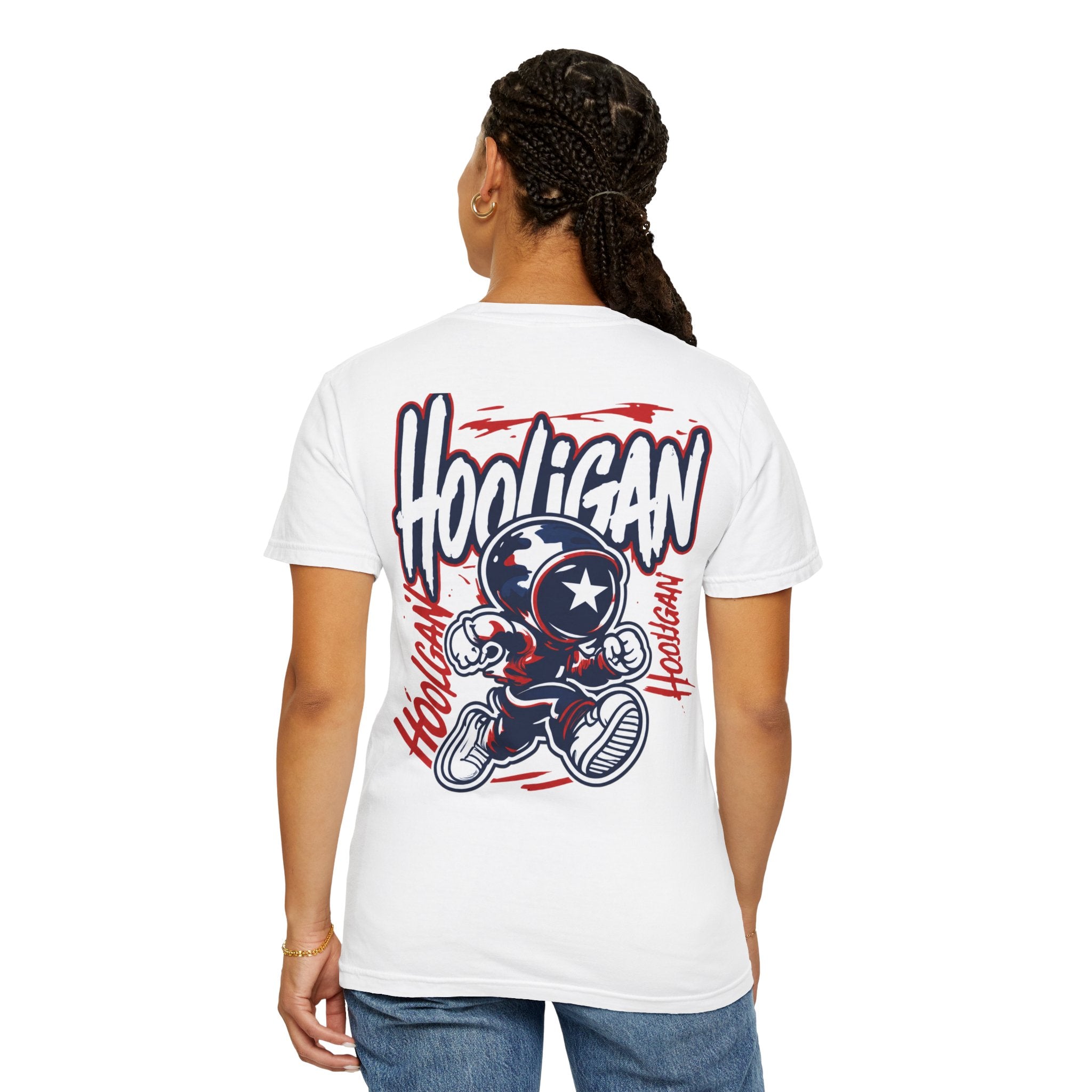 White Hooligan Graphic T-Shirt — Retro Street Art Astronaut Design