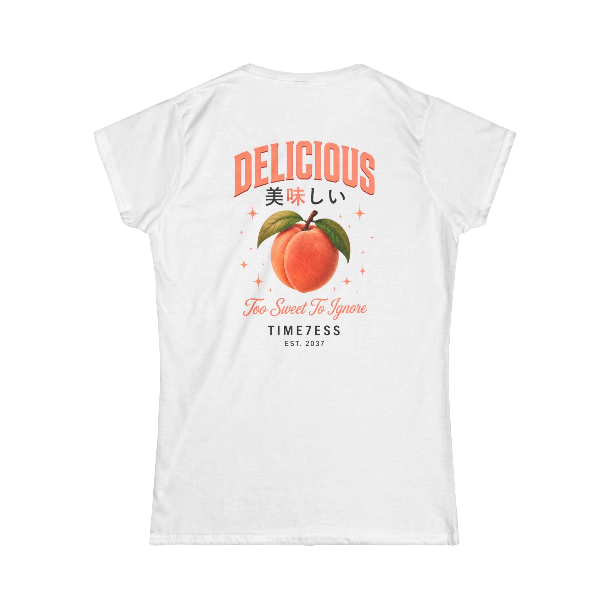 (White) Delicious Peach Graphic Tee — Japanese 美味しい Vintage Fruit Shirt