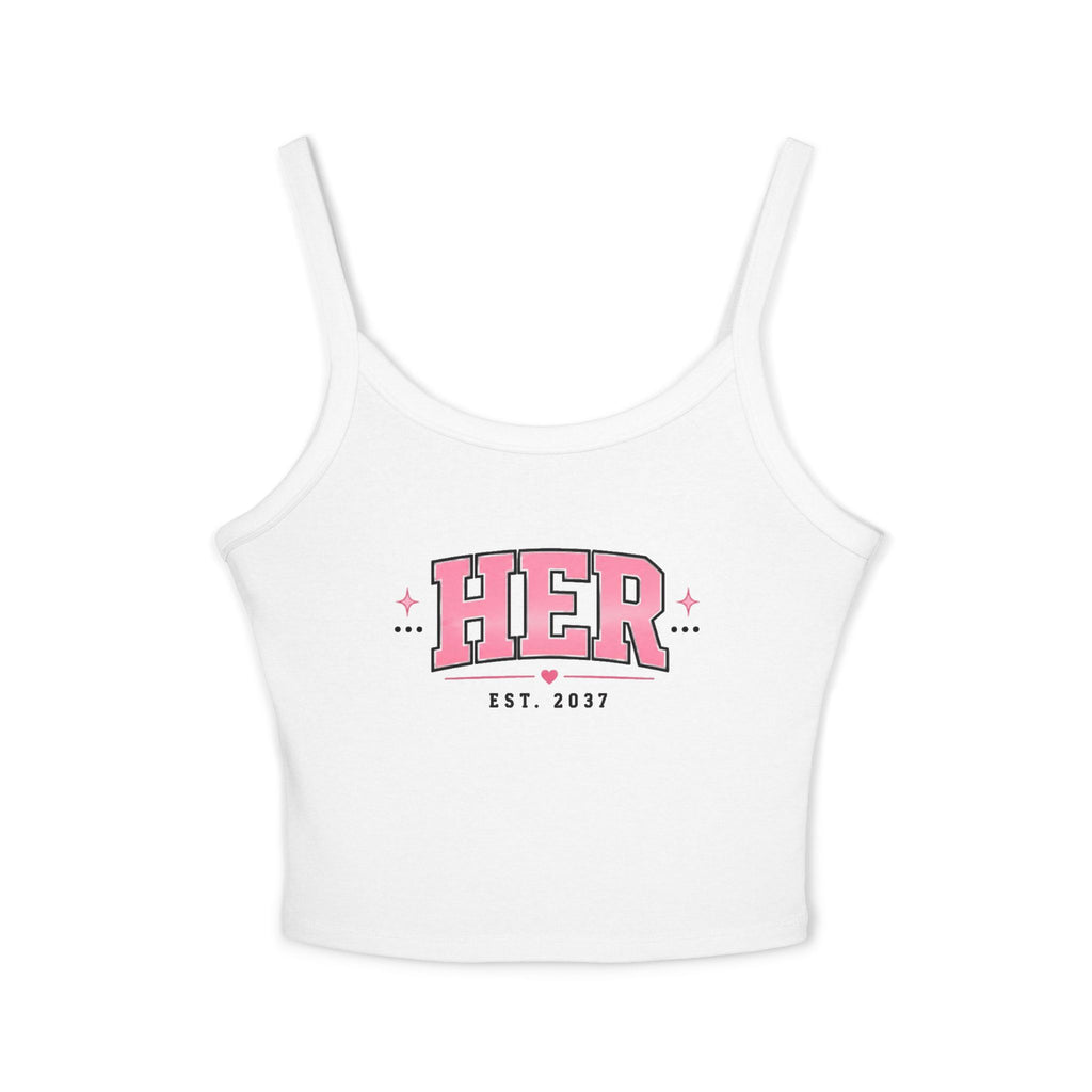 (White) HER Est. 2023 Spaghetti Strap Tank Top — Pink Retro Graphic Crop