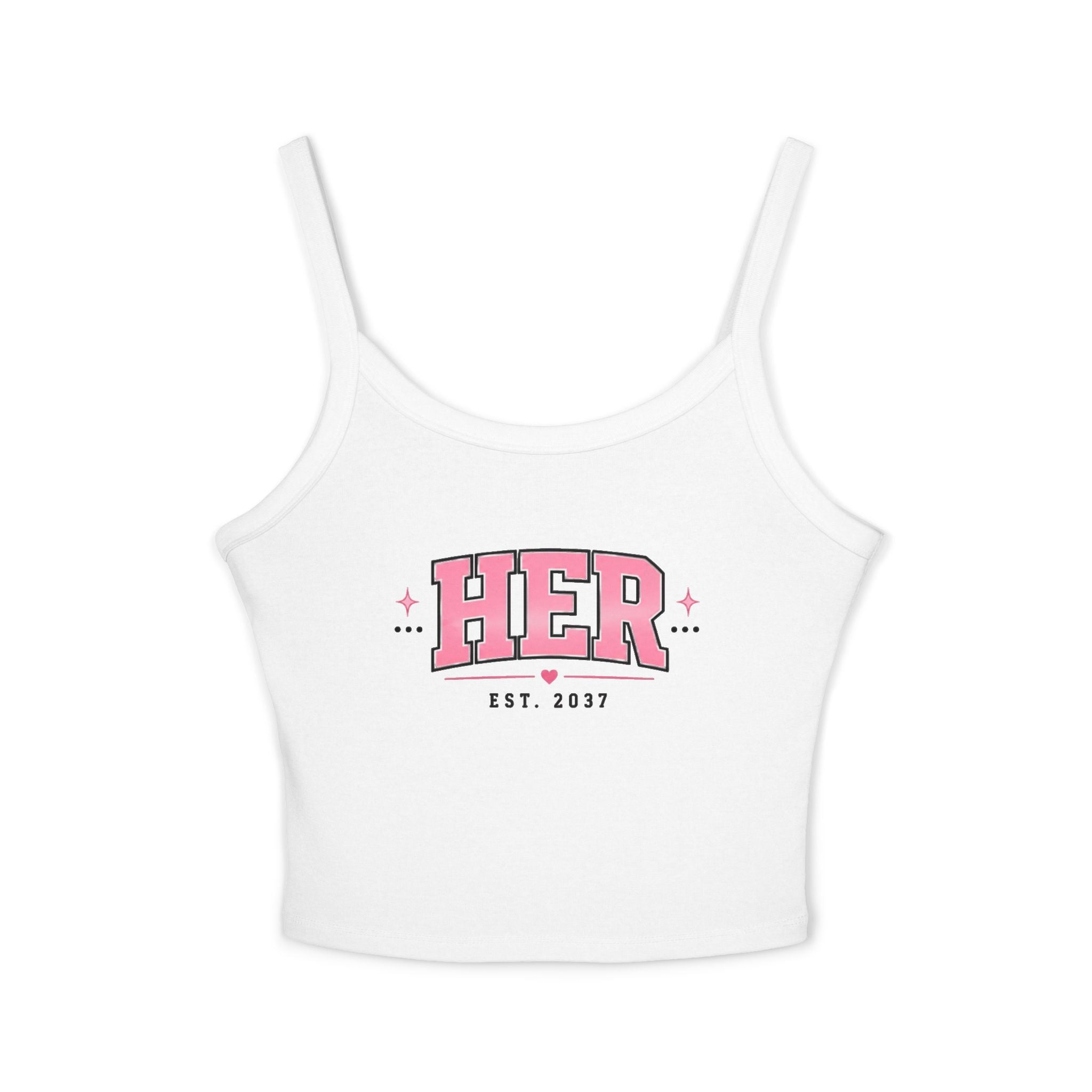 (White) HER Est. 2023 Spaghetti Strap Tank Top — Pink Retro Graphic Crop