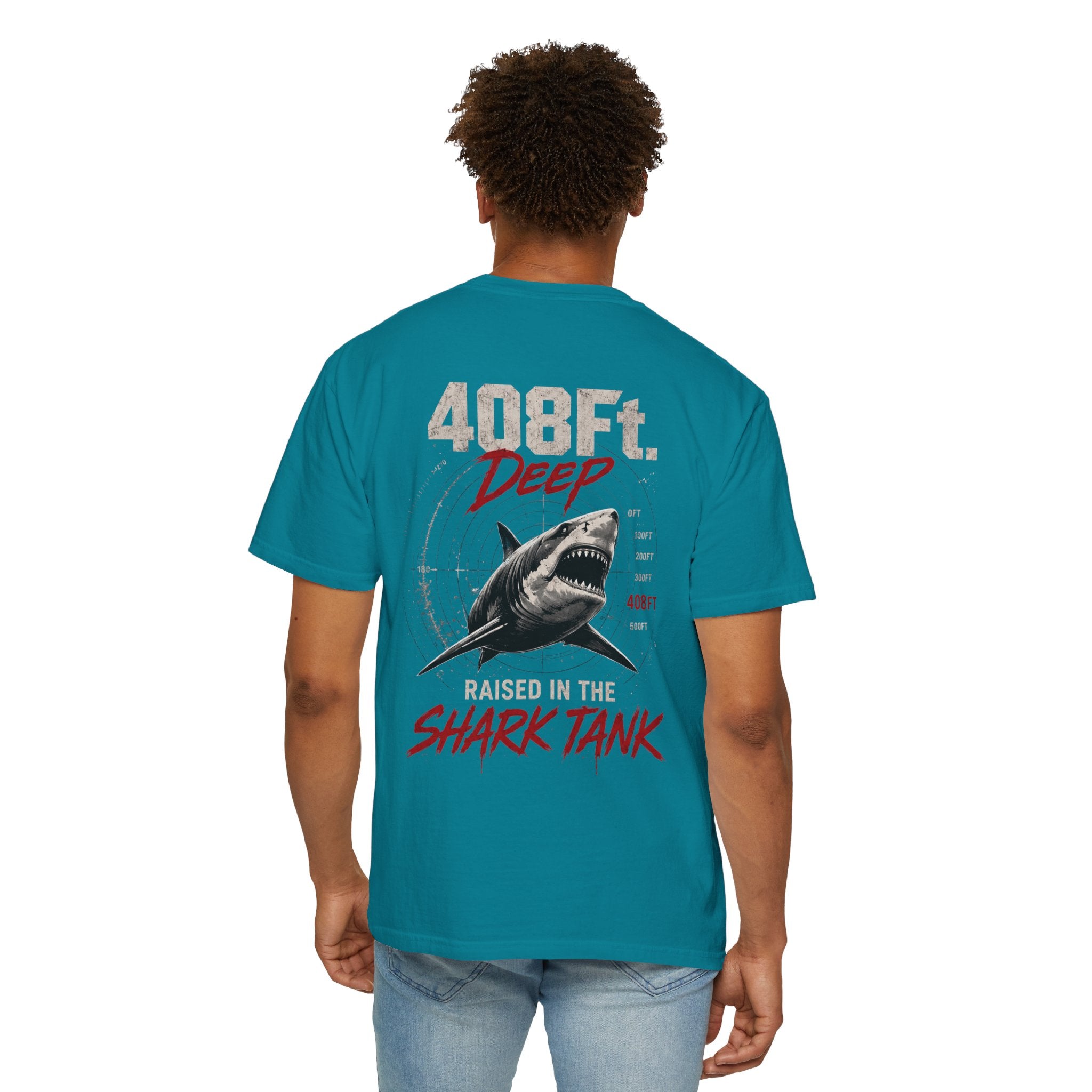 (Teal) 408 Ft. Deep Shark Tank T-Shirt — Raised in the Shark Tank Graphic Tee