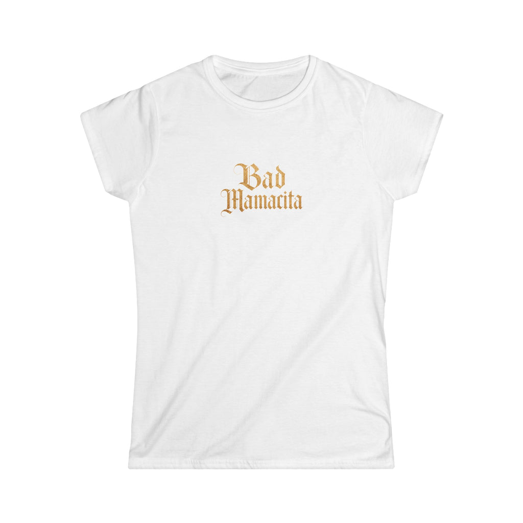 (White) Women's Tee — "Bad Mamacita" Gothic Script & Red Lips Graphic