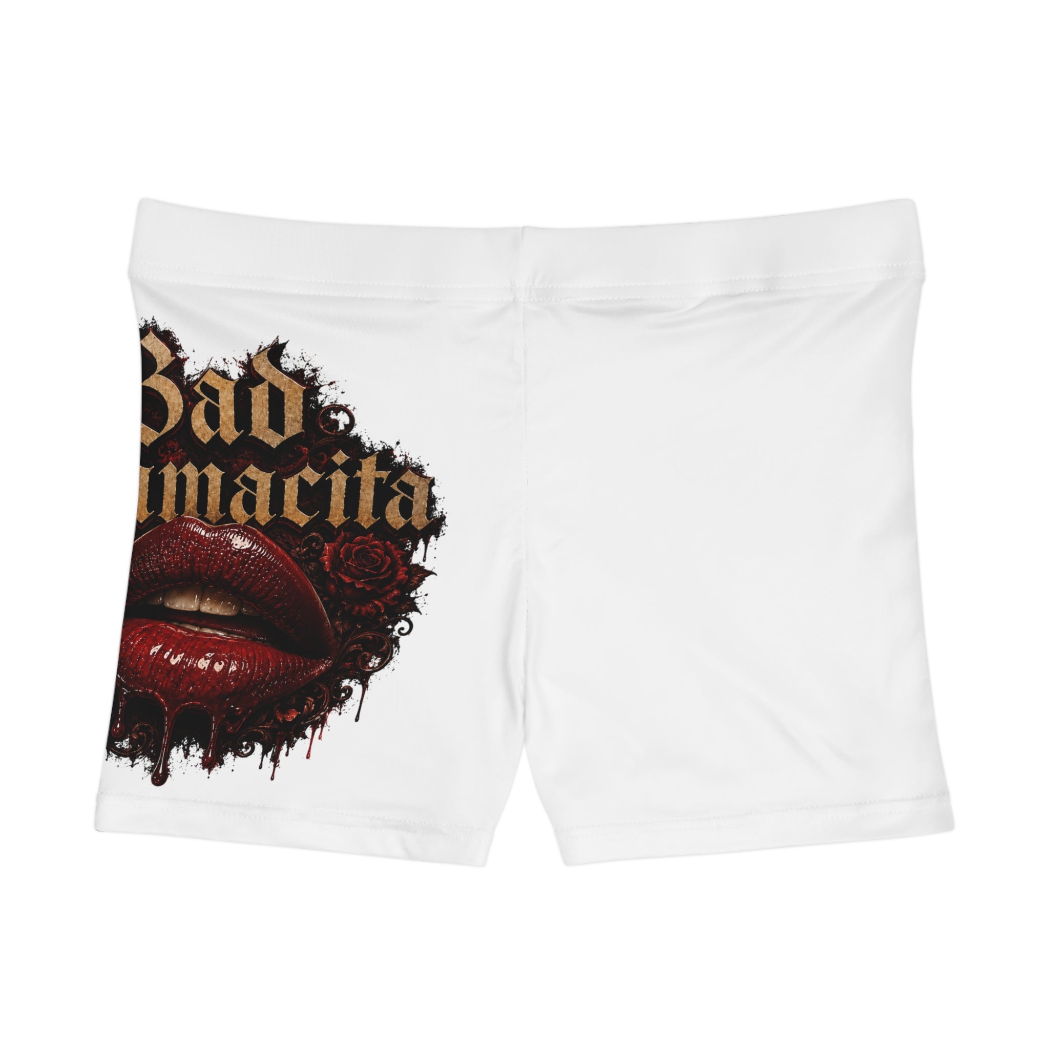 (White) Bad Mamacita Women's Shorts — Gothic Rose Lip Graphic All-Over Print