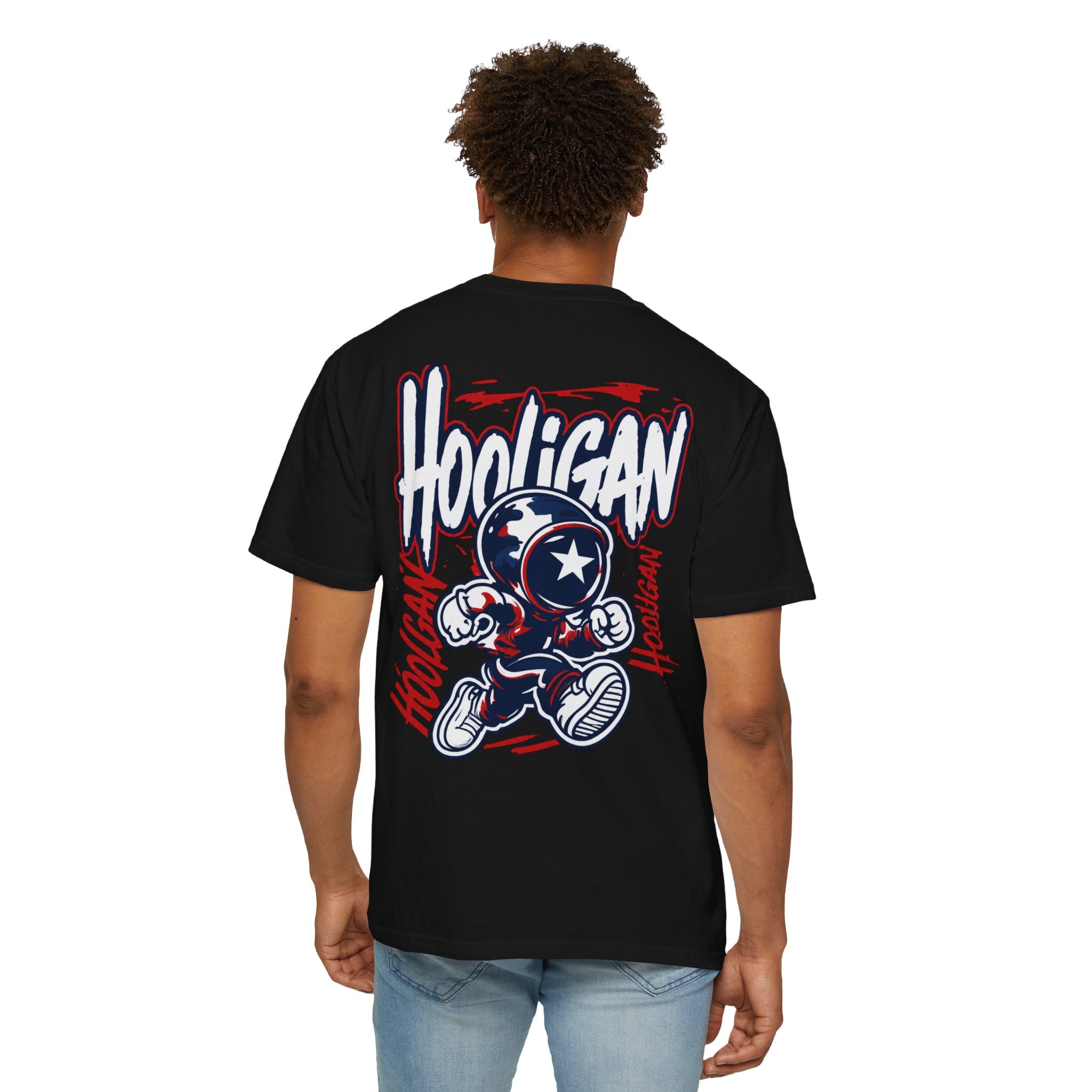 Black Hooligan Graphic T-Shirt — Retro Street Art Astronaut Design